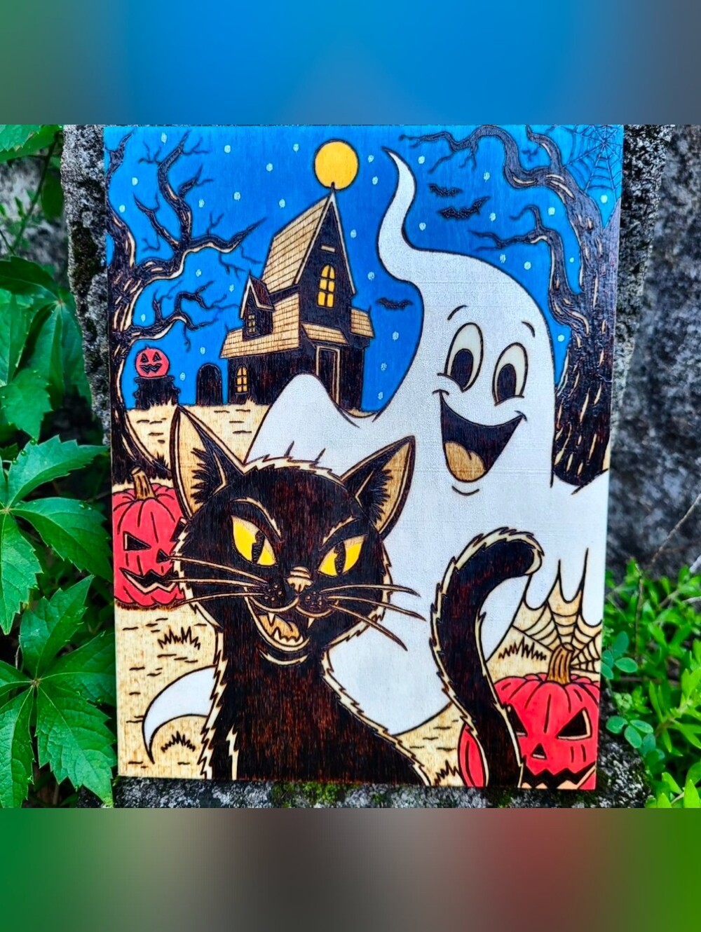 Hand Wood Burned "Frights and Felines" Wall Hanging. Halloween. Cats. Ghosts.